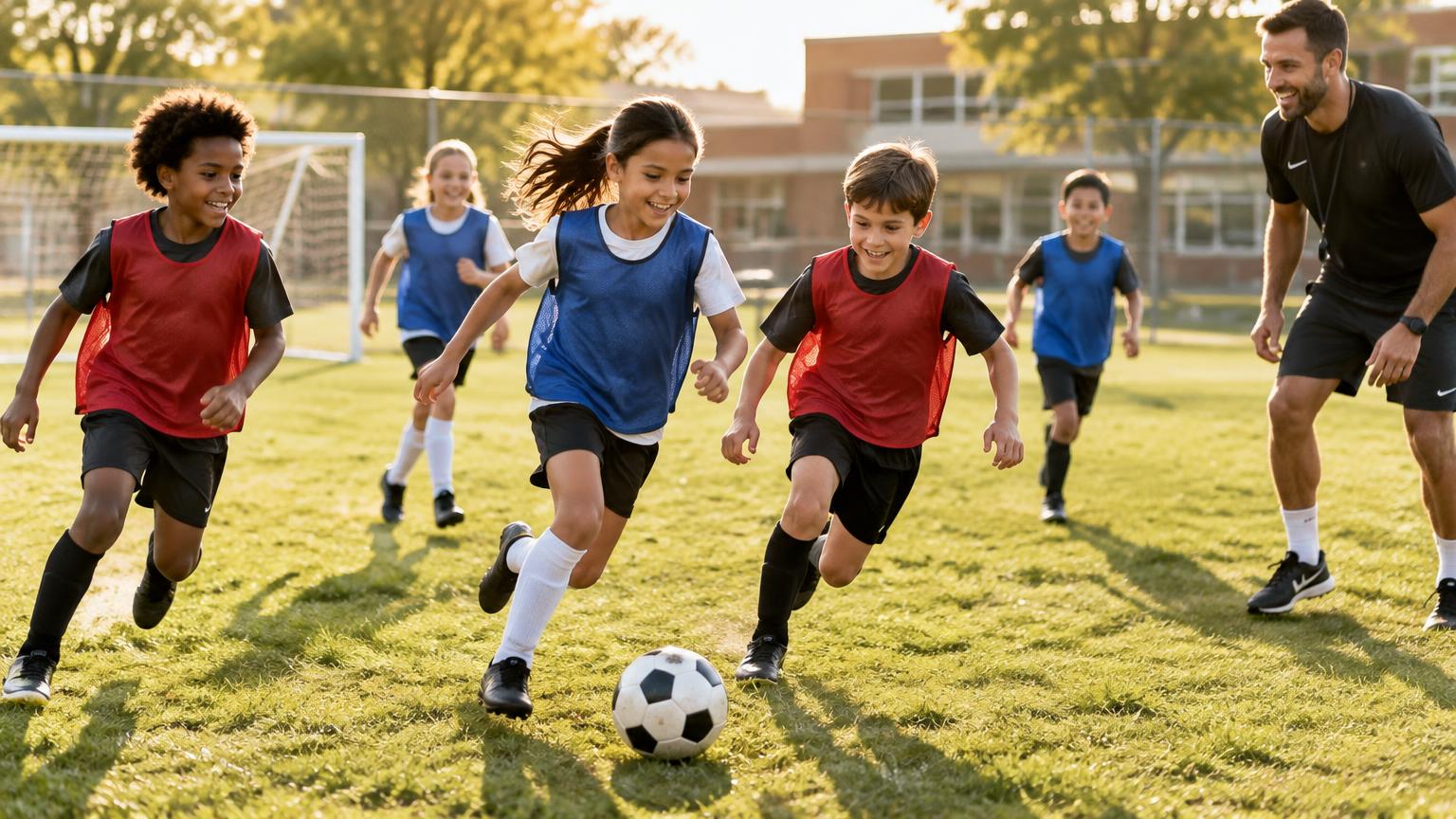 Kinderen voetballen met een coach op het sportveld