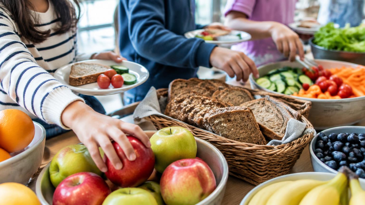 Kinderen pakken fruit en volkorenbrood van de ontbijttafel