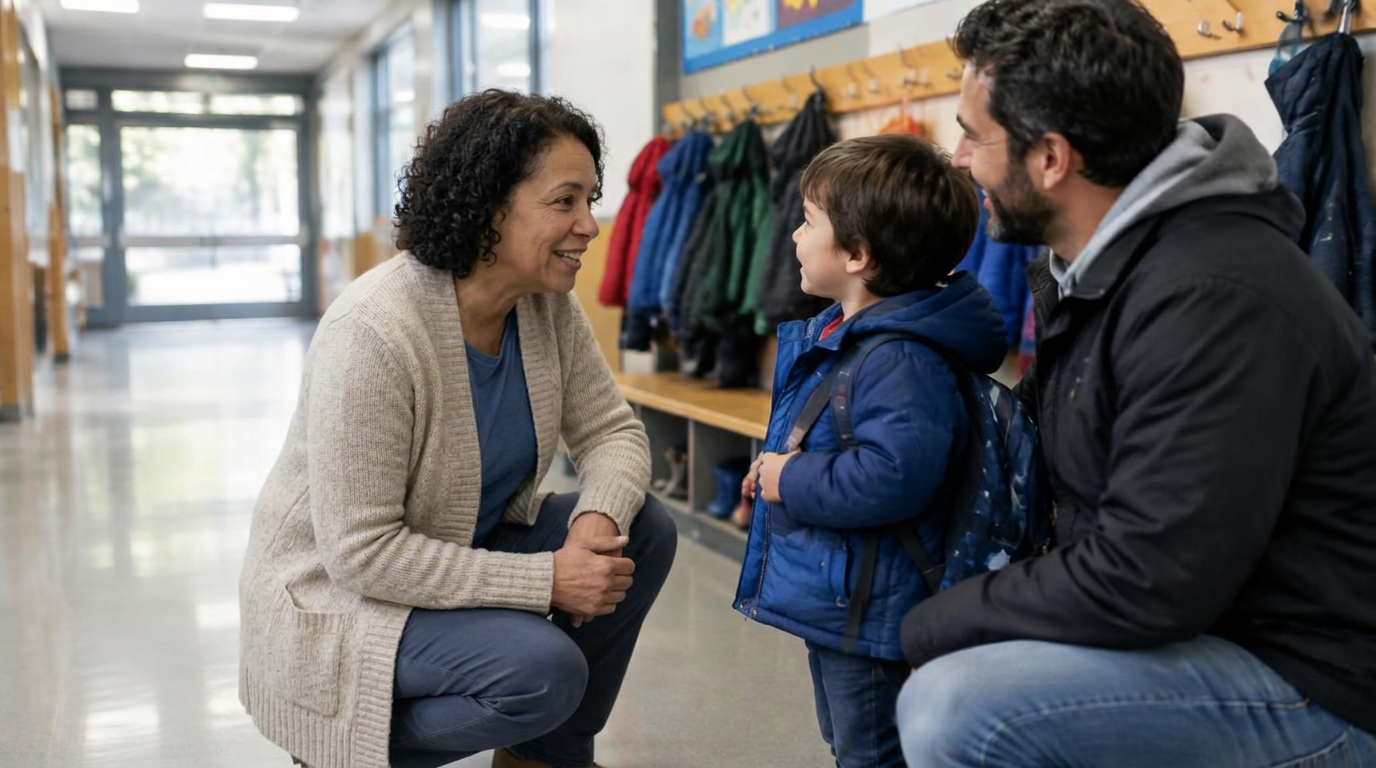 Brugfunctionaris in gesprek met een vader en zoon