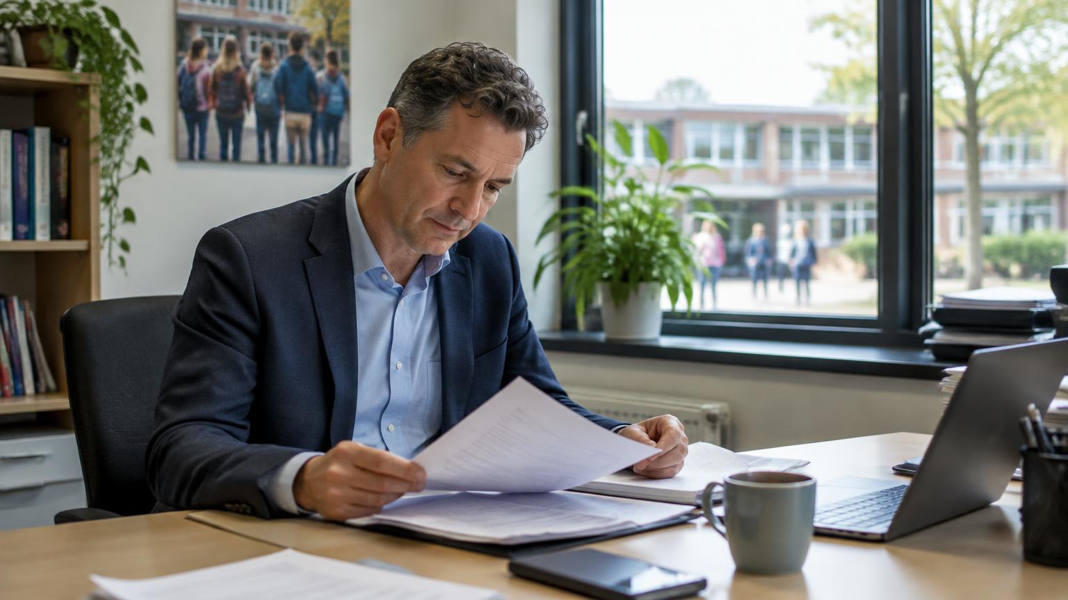 Schoolleider leest documenten bij het raam