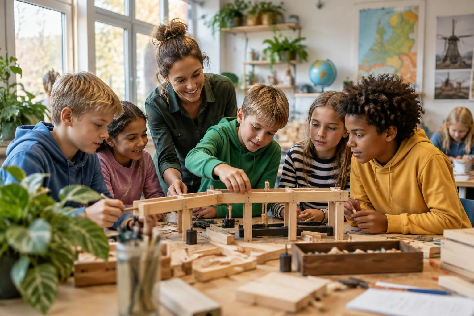 Kinderen ontdekken samen techniek met een vakprofessional in een lichte schoolruimte