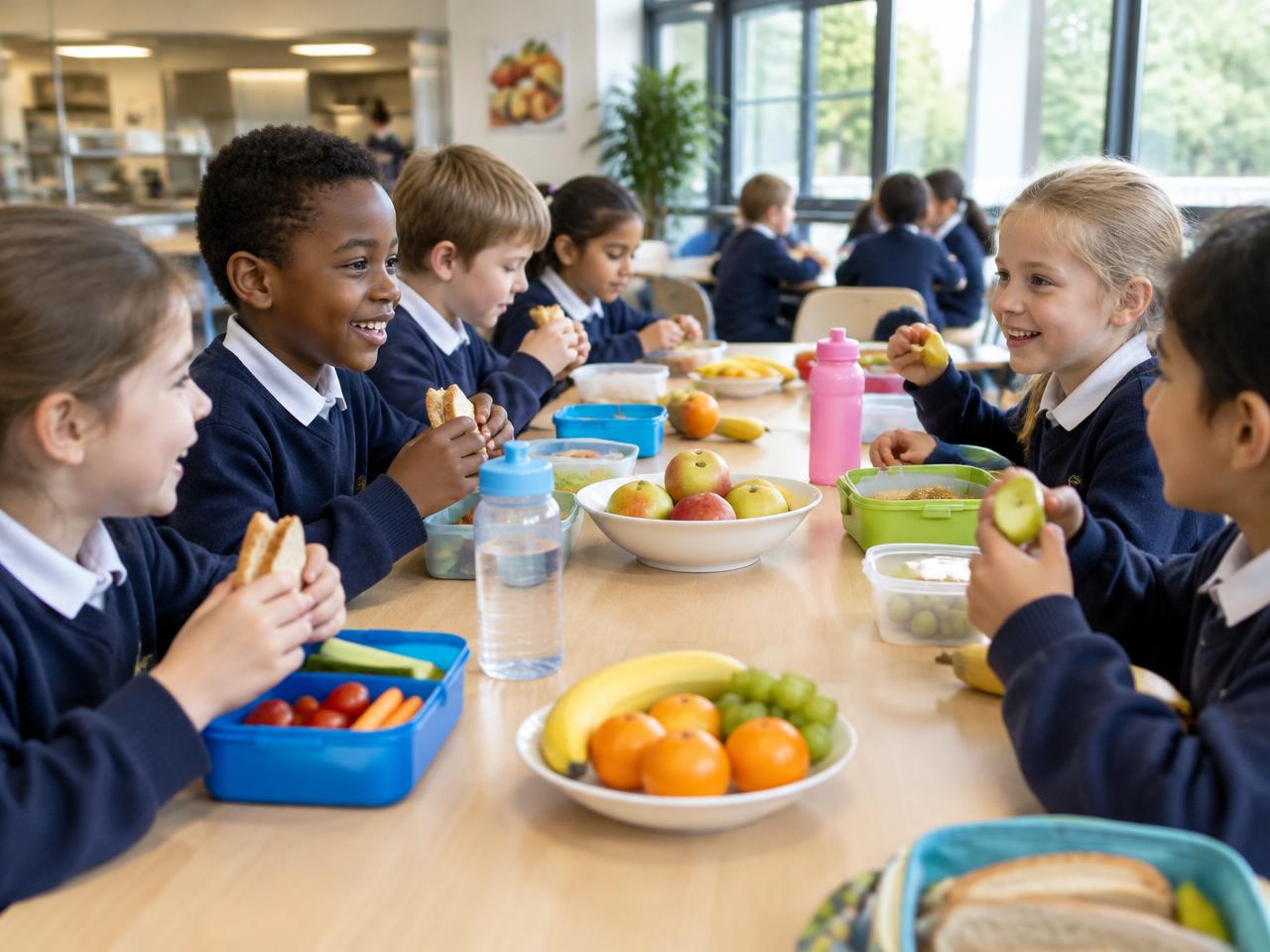 Kinderen eten samen een gezonde lunch in de aula