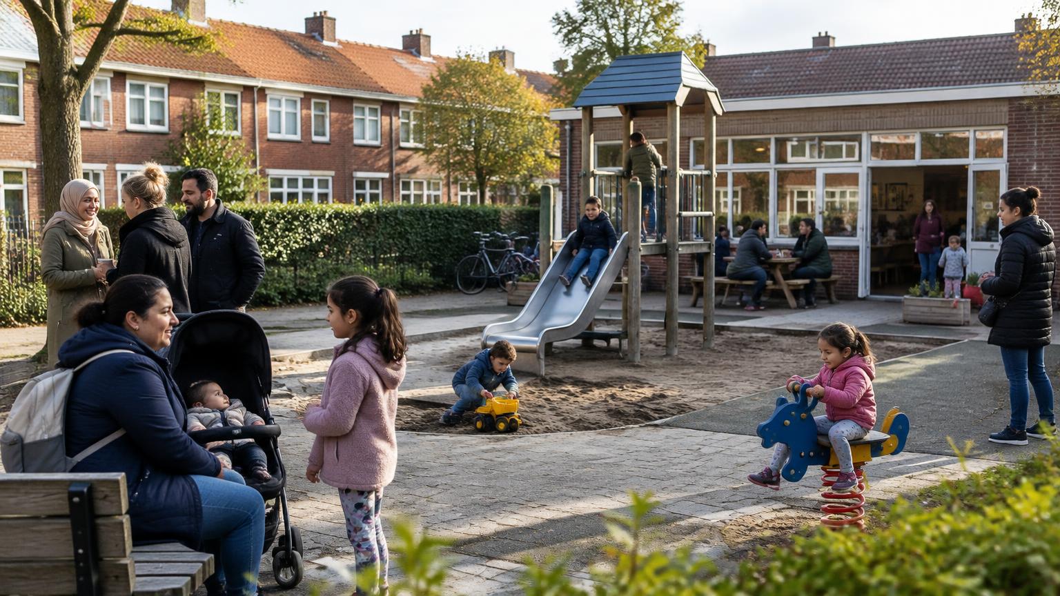 Ouders en kinderen bij een speeltuin in de wijk
